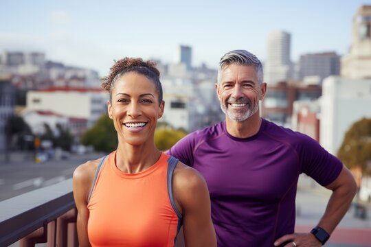 Senior multiethnic couple in sports outfits looking at camera with warmth and smile. Happy loving mature man and woman jogging or doing workout outdoors. Healthy lifestyle in urban environment.