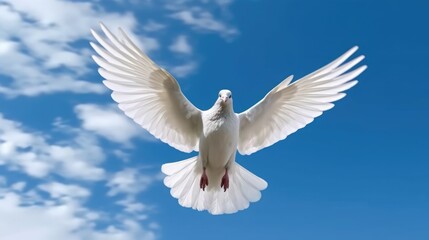 White dove or pigeon with outstretched wings on blue sky