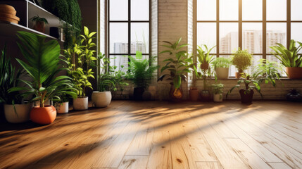 Contemporary loft with plants on wooden floor.