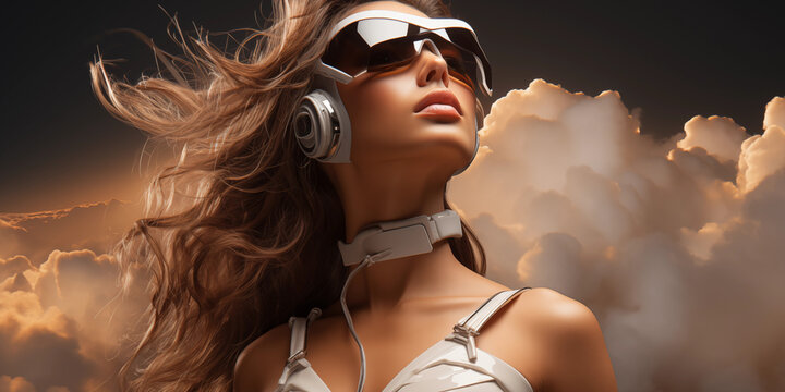 Super sexy Model Frau und Cyberspace Brille mit futuristischen Hintergrund &uuml;ber den Wolken mit fliegenden Haar, ai generativ