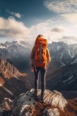A girl traveler with a backpack behind her shoulders stands on the top of a mountain.