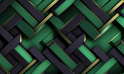 Geometric seamless 3D pattern in green with gold and black elements. Centric series. 3d illustration, Generative AI