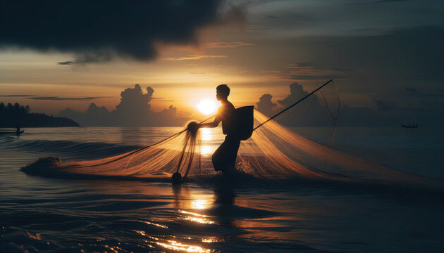 Dawn Silhouette of Fisherman Casting Net