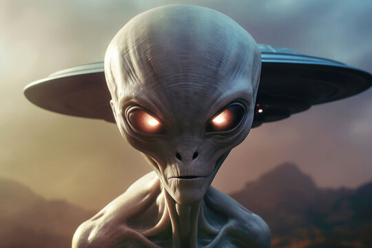 Cosmic visitors: alien humanoid and spaceship