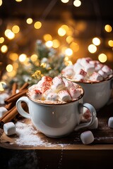 Hot drink with marshmallows. Fir cones, spices in the background. Cozy seasonal holidays.