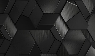 3D illustration. Geometric seamless 3D pattern in black matte and black glossy material elements. Hexagon geometric tiles, Generative AI - obrazy, fototapety, plakaty