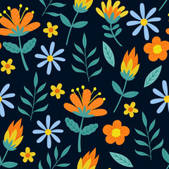 microstock design asset features a floral pattern with vibrant orange and blue flowers. suitable for creating eye catching designs for various projects such gift wrap, packaging, textiles, and more.