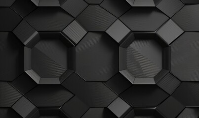 3D illustration. Geometric seamless 3D pattern in black matte and black glossy material elements. Hexagon geometric tiles, Generative AI