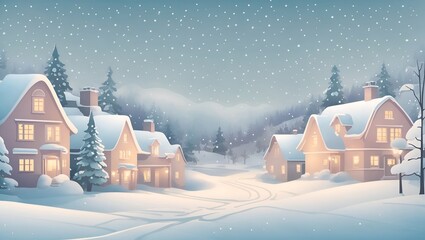 Vector Minimal heartwarming Christmas card of Snowy Winter Wonderland with Charming House, Majestic Trees, and Winter Road, for Holiday Season, Christmas, Xmas