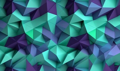 3D Wallpaper origami mosaic of colored particles violet, blue and green tones, Generative AI
