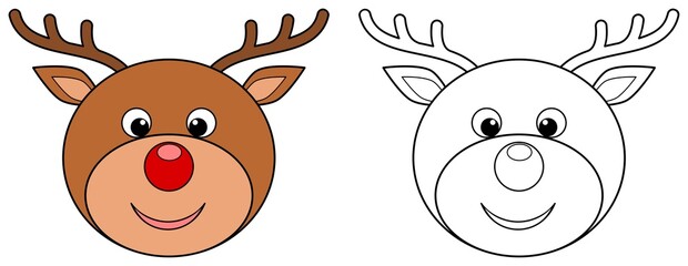 Cartoon reindeer head. Colored and outline illustration. Coloring book page for children.