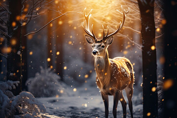 deer in the woods with lots of lights in the forest