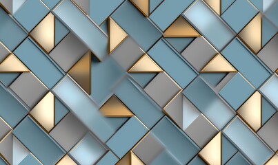 Seamless geometric pattern. Gray acryl, light blue glass and gold metal 3D illustration, Generative AI
