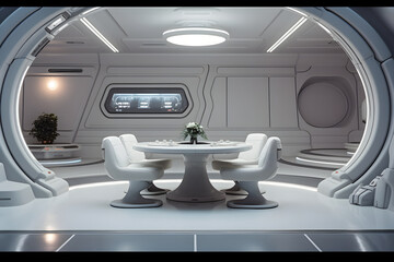Futuristic white moon base dining room interior. Neural network generated image. Not based on any actual scene or pattern.