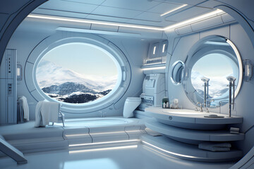 Futuristic white moon base styled luxury bathroom interior. Neural network generated image. Not based on any actual scene or pattern.