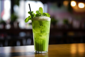 Enjoy a Chilled Green Tea Latte Topped with Fresh Mint Leaves at Your Favorite Local Cafe