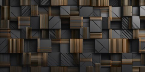 3d illustration. Seamless geometric wallpaper made of metallic black and gold rectangles randomly arranged on a gray background. High quality seamless realistic texture, Generative AI