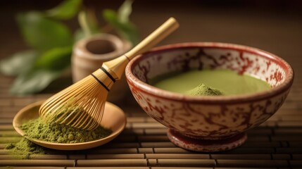Organic matcha green tea ceremony on table with tea whisk