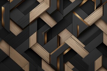 Geometric seamless 3D pattern in black with dark gold and wood elements. Random series. 3d illustration, Generative AI