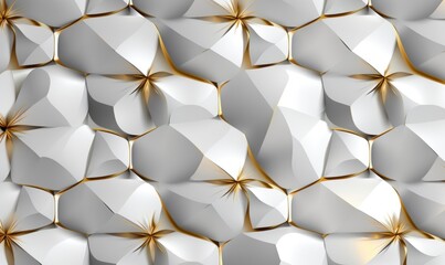 White hexagons stylized in the form of decorative convex modules resembling flowers with silver and golden leaves, Generative AI