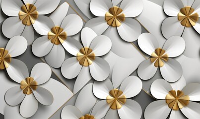 White hexagons stylized in the form of decorative convex modules resembling flowers with silver and golden leaves, Generative AI