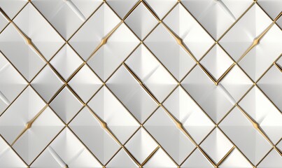 3D wallpaper of 3D soft geometry tiles made from white leather with golden decor stripes and rhombus. High quality seamless realistic texture, Generative AI