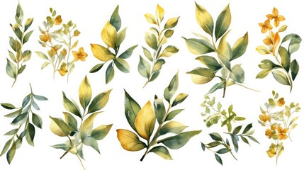 Set of watercolor Flower and green leaves
