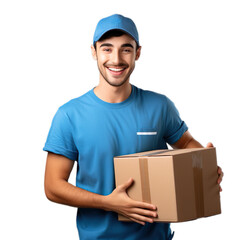 Front view delivery man holding a parcel box giving happy smiley gesture in a blue t-shirt and cap on a transparent background. - obrazy, fototapety, plakaty