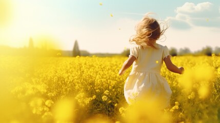 Fototapeta na wymiar girl in a yellow dress running in a meadow with yellow flowers in a beautiful sunrise in high resolution and high sharpness