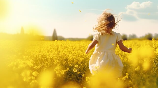 girl in a yellow dress running in a meadow with yellow flowers in a beautiful sunrise in high resolution and high sharpness