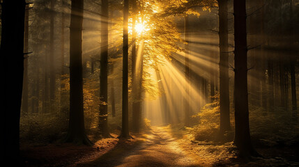 Fototapeta premium As árvores da floresta amarela com raios de sol