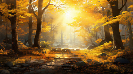 As árvores da floresta amarela com raios de sol