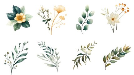 Obraz premium Set of watercolor Flower and green leaves