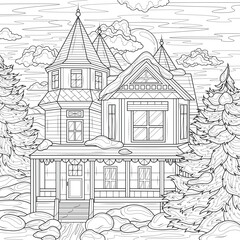 House in winter.Coloring book antistress for children and adults. 