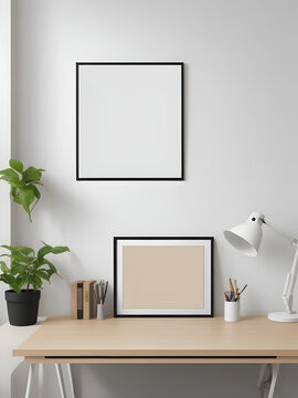 Empty black frame mockup in modern minimalist interior with wooden desk on white wall background and white lamp. Template for artwork, painting, photo or poster. Generative IA.