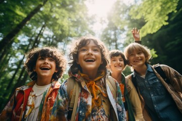 Happy multiethnic children group spending time at children's summer camp. Smiling kids of different skin colors play in the forest and have fun together. Diversity and free communication concept.