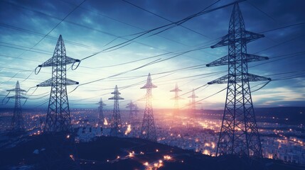 High voltage towers at sunset background. Power lines against the sky