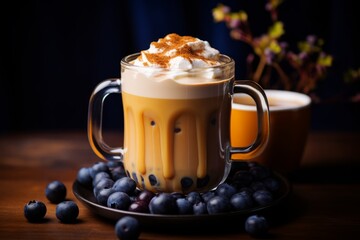 An enticing image of a gourmet blueberry and caramel coffee served in a clear glass mug