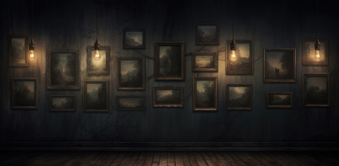 dramatic dark abandoned room with photo frames on the wall and dimly lit lighting. Generative AI