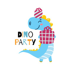 Dino Party! Dinosaur t-shirt design for kids, Cute Dinosaurs Cartoon character drawing vector illustration, Dino Sticker
