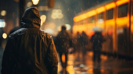 Rainy Evening Commute.
An individual in a dark jacket faces a tram on a rainy evening in the city. - obrazy, fototapety, plakaty