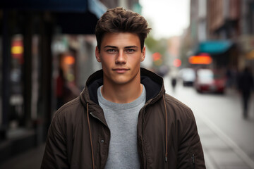 Fototapeta premium Generative ai technology portrait of attractive young man outdoors town city streets