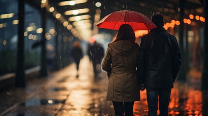 A man and a woman walking down a street holding a red umbrella in the rain. A Romantic Stroll Down Rainy City Streets.