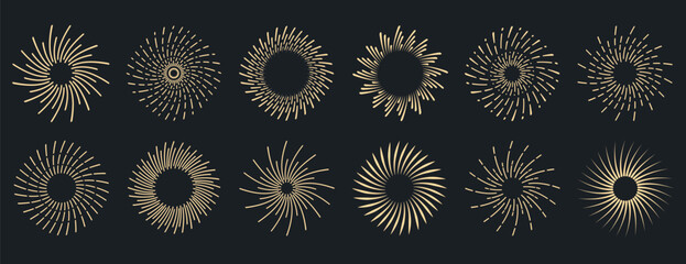 Sunburst collection. Radial sunset beams. Bursting golden sun rays. Fireworks. Logotype or lettering design element. Flat vector illustration.