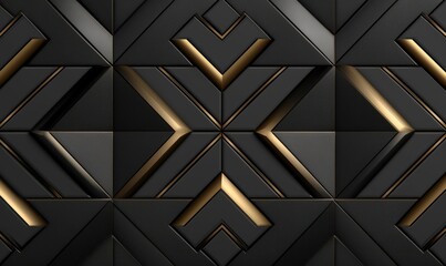3D wallpaper of 3D tiles soft geometry form made from black leather with golden decor stripes and rhombus. High quality seamless realistic texture, Generative AI - obrazy, fototapety, plakaty