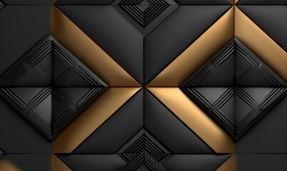 3D wallpaper of 3D tiles soft geometry form made from black leather with golden decor stripes and rhombus. High quality seamless realistic texture, Generative AI