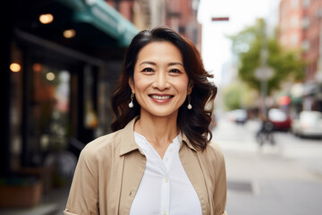 Obraz premium Generative ai image of smiling positive asian lady in the city