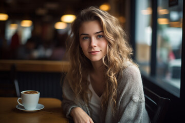 Young beautiful girl sitting table in trendy cafeteria cafe drinking hot fresh coffee Generative AI technology