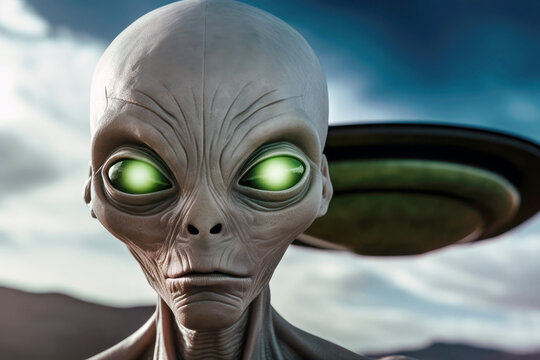 Extraterrestrial invasion: alien close up with UFO