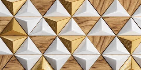 Wallpaper of 3D tiles wood white and golden rhombuses and triangles with gold sphere decor elements. High quality seamless realistic texture, Generative AI